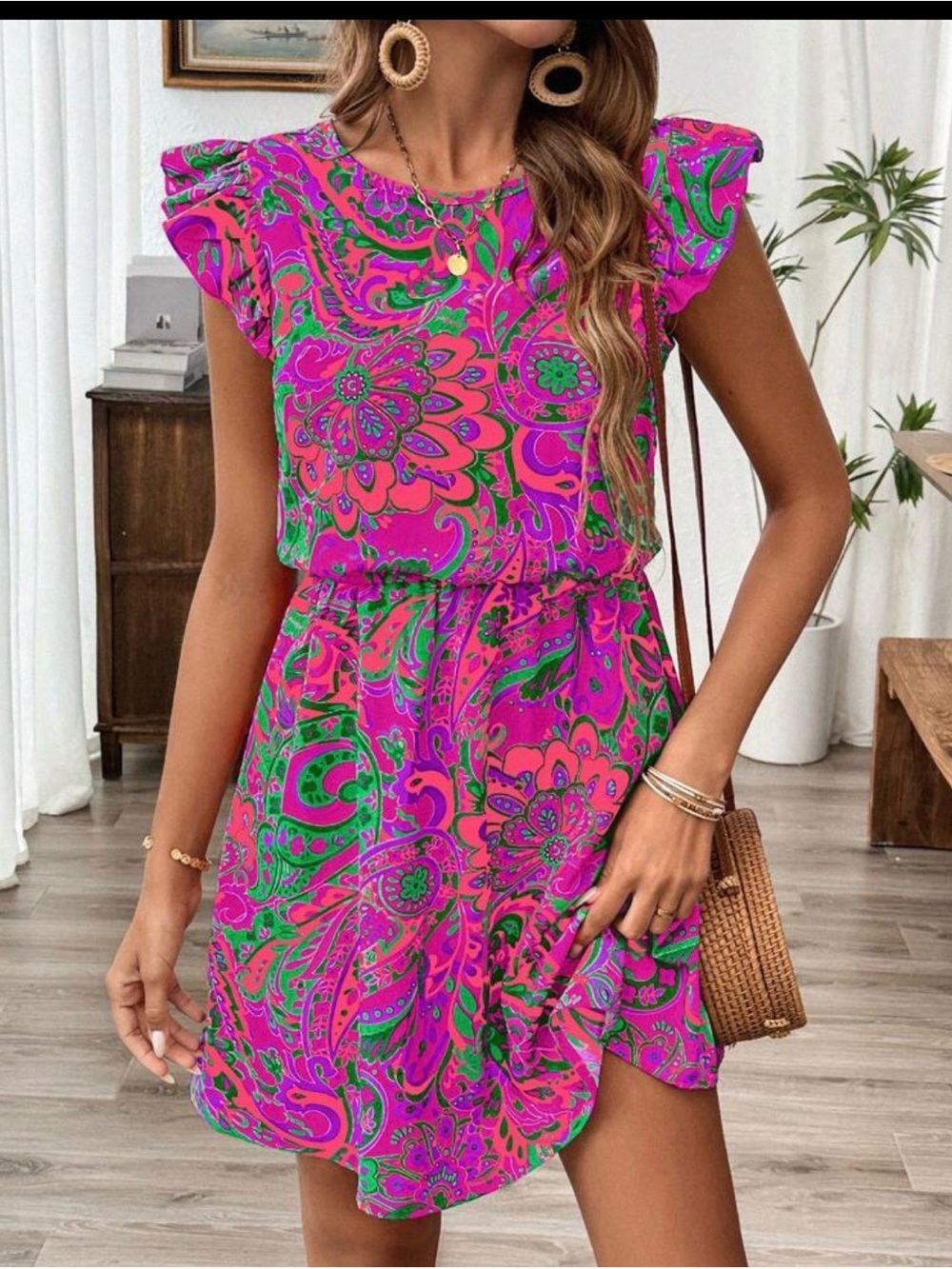 Floral Paisley Flutter Sleeve Dress - Pink & Green